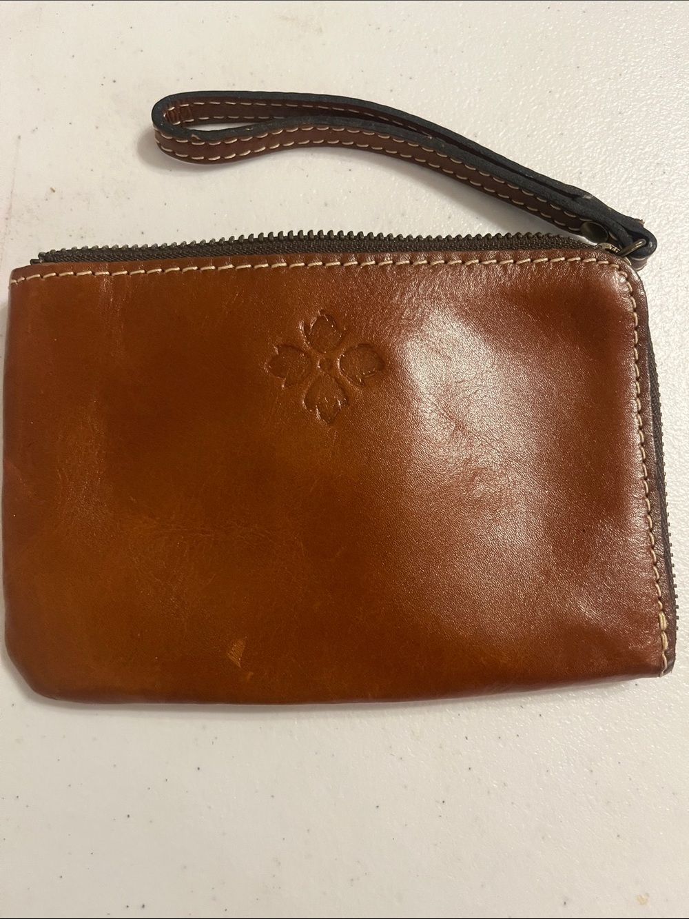 Patricia Nash Leather Zip Wristlet Pouch in Brown Cognac floral
